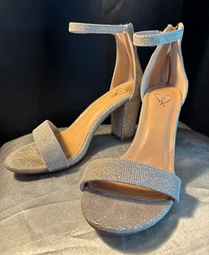Windsor Champagne Gold Glitter Block Heels Ankle Strap Sandals Formal Evening thumbnail 1