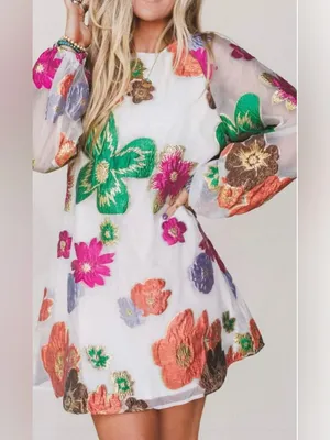 En Crème Floral Organza Bubble Sleeve Mini Dress long sleeve womens Sz Medium thumbnail 2