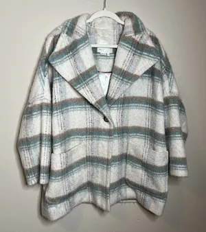 Anthropologie Womens‎ White Green Elsa Plaid Collared Long Sleeve Coat Size M thumbnail 1