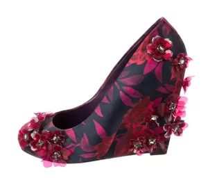 Tory Burch Floral Satin Elmira Wedge Heels‎ Red Navy Flower Embellished Size 7M thumbnail 1