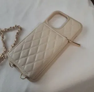 Cream Quilted Phone Case With Crossbody Chain Strap & Chain wrislet Iphone 14 Pr thumbnail 1