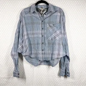 Free People Women Top Sz XS Blue Cutie Plaid‎ Button Down Oversized Bohemian thumbnail 2