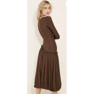 Saemdi Jeanette Drop-Waist Midi Dress Brown Size XS Bubble Hem Tencel thumbnail 2