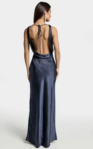 New Showpo Adilah Maxi Dress Cowl Neck Satin Dress In Navy Size Small MSRP $129 thumbnail 3