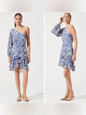 ASTR Floral One Shoulder Periwinkle Ruffle Mini Dress Size Large thumbnail 2