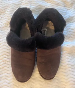 UGG Dark Brown Suede Shearling Cuff Slip-On Slippers thumbnail 1