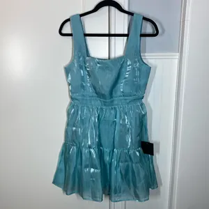 Lulus Thriving Darling Shiny Teal Blue Mermaidcore Sleeveless Tiered Mini‎ dress thumbnail 3