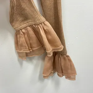 Altar'd State Y2K Inspired Tan Ribbed Ruffle Tie Front‎ Crop Top Long Sleeve Med thumbnail 4