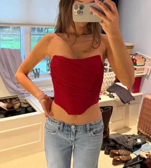 Red Strapless Ruched Mesh Corset Top Pointed Hem thumbnail 1