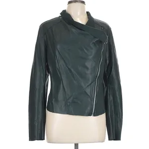 BlankNYC Womens Vegan Leather Asymmetrical Zip Jacket Moto biker Dark Green L thumbnail 4