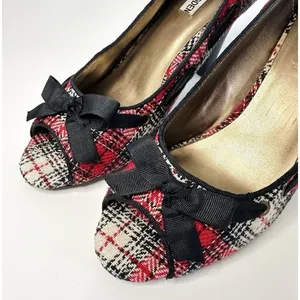 Steve Madden NINNA Plaid Peep Toe Heels Size 9 M Red Tweed Bow‎ Twee Y2K Pin-Up thumbnail 3