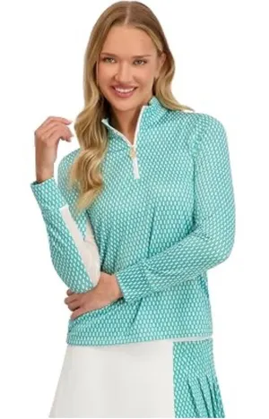 Stella Parker Sport Teal White Geometric Quarter Zip Pullover Mesh Venting L thumbnail 1