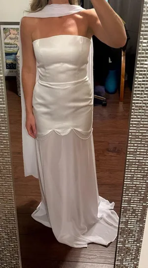 Bridal White Satin Strapless Dress with Shear Chiffon Underlay and Scarf with Pearl Beading thumbnail 1