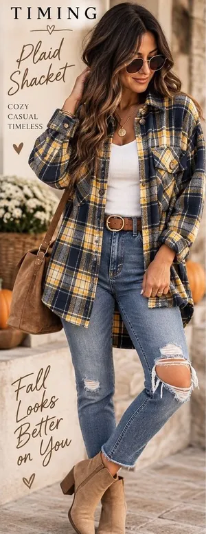 Timing Plaid Shacket Navy Blue Yellow Flannel Shirt Jacket Large thumbnail 1