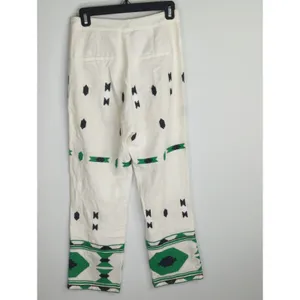 Zara White‎ & Green Geometric Embroidered Linen Pants Small Coastal Bohemian thumbnail 8