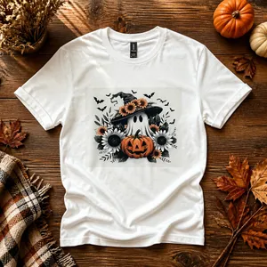 Gildan Halloween Ghost Pumpkin Sunflower 100% White Cotton T-Shirt Size XL-Print to ord thumbnail 1