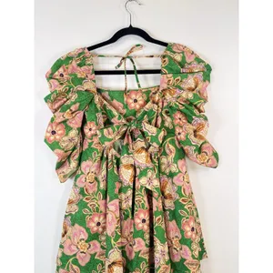 Misa Dress Green Kate Mini Ruched Puffed Floral Pintuck Tie Back A Line Boho XS thumbnail 11