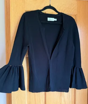 Eliza J Black Bell Sleeve Cardigan Hook & Eye Cropped Layering Sweater Small thumbnail 1