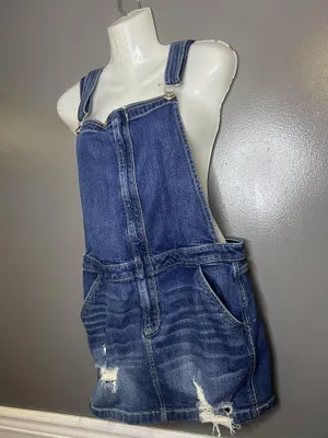 Hollister Denim Overall Dress Womens Medium Blue Skirtall Distressed Pockets thumbnail 4