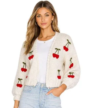 Forever 21 Cherry Chunky Knit Cardigan Sweater Size XS Women 9/10 KIDS thumbnail 1