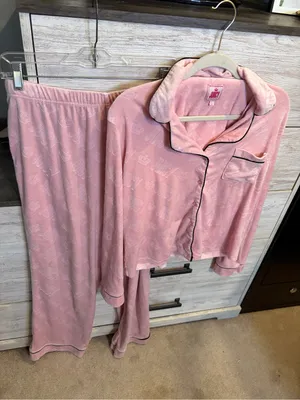 Juicy Couture Pajama Set Large Pink Velour Long Sleeve Notch Collar Top & Pants thumbnail 3