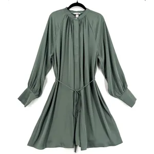 H&M Sage Green Belted Shirt Dress XL Long Sleeve Flowy Mini Tunic Quiet Luxury thumbnail 1