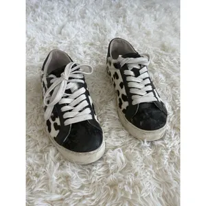 Animal‎ Print Sneakers, Black White Cow Hide Leather Upper, Fun Casual Shoes thumbnail 2