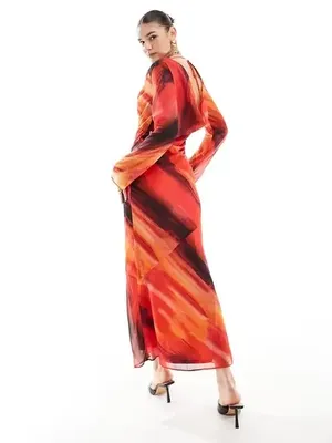 NWT ASOS Design Red Marble Printed Cowl-Neck Maxi Dress Size 0 thumbnail 2