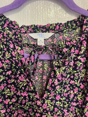 Time and Tru Black Floral Tiered Midi Dress with Pink and Green Print thumbnail 4