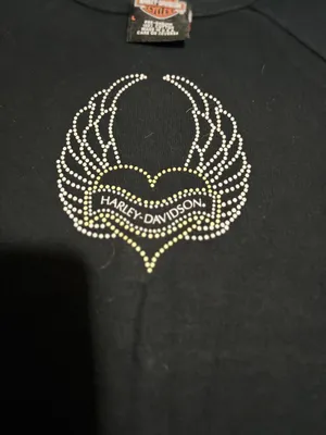 Harley-Davidson Black Tee with Gold & Silver Rhinestone Heart Wings medium thumbnail 2