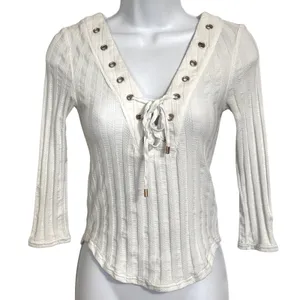 FREE PEOPLE Ivory Ribbed Lace Up Grommet V-Neck 3/4‎ Sleeve Top Size XS thumbnail 2