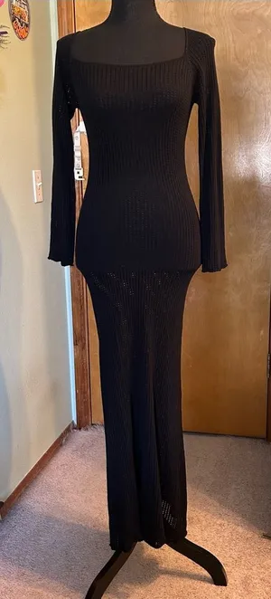 Princess Polly black semi sheer long sleeve fishnet maxi dress coverup 8 bodycon thumbnail 1