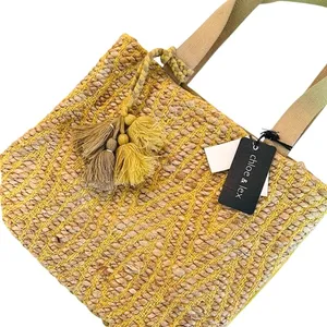 Chloe & Lex Tote Bag Women's‎ Large Yellow Woven Straw Tassel Boho Beach Coastal thumbnail 1