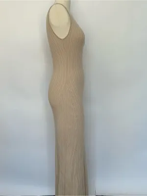 White Fox Boutique Sleeveless Ribbed Maxi Dress in Tan thumbnail 3