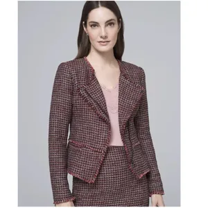 NWOT White House Black Market Red Black Tweed Fringe Moto Style Blazer thumbnail 2