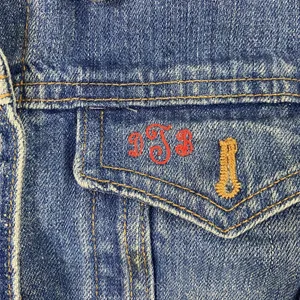 GAP Jeans Denim Trucker Jacket Womens Large Blue Button Front Monogram DJB Faded thumbnail 3