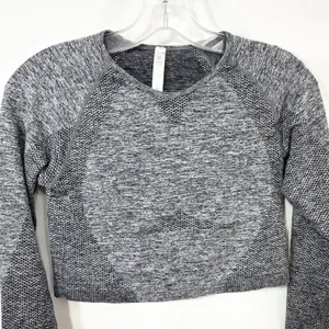 Seamless Workout‎ Set Gray Activewear Long Sleeve Crop Top Leggings TikTok 779 thumbnail 9