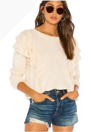 LoveShackFancy Sweatshirt Women Small Beige Corinne Ruffle Detail‎ Cropped Boho thumbnail 1