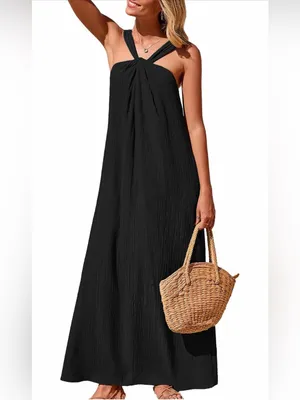 Kikibell Black Halter Maxi Dress Plisse Crinkle Flowy Summer Vacation Medium thumbnail 9