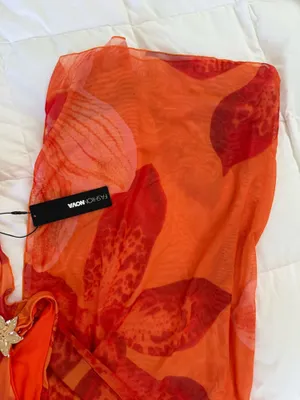 Orange Floral 3 Piece Bikini Set & Cover Up Cowl Neck Dress Sunsuit thumbnail 9