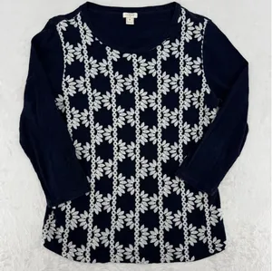 J Crew Lightweight Sweater Navy Blue Cream Embroidery Preppy Daisy Size Medium thumbnail 1