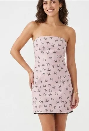 Cider Light Pink Strapless Bow Print Lace Trim Mini Dress Size XS thumbnail 1
