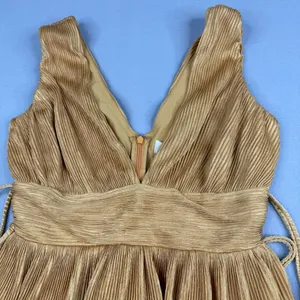 Lena Gold Pleated Tiered Mini Dress Deep V Neck Side Tie Party Dress Small thumbnail 2