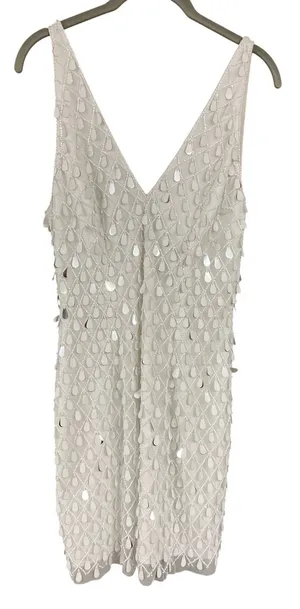 Liv Foster Beaded Sequin Lattice V-Neck Mini Dress Ivory Silver Size 6 thumbnail 1