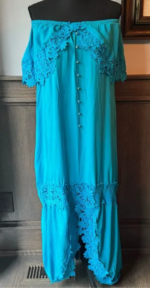 Sisjuly Teal Off-Shoulder Maxi Dress thumbnail 1