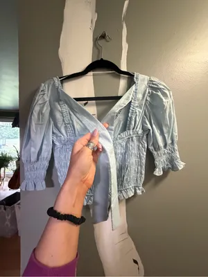 “Lime Lush” Light Blue Smocked V-Neck Womens Top thumbnail 2