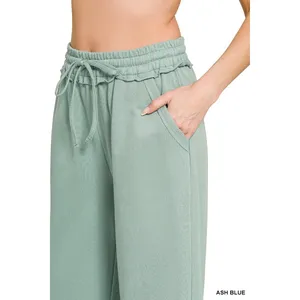 Zenana French Terry Wide Leg Sweatpants - Ash Blue - Large thumbnail 5