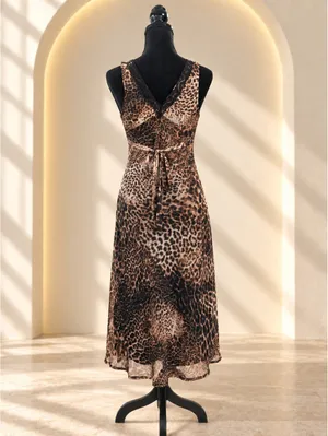 Haute Monde Maxi Dress Leopard Print V-Neck Lace Trim Tie Back Size S Brown thumbnail 4