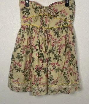 Hazel Strapless Floral Sundress Yellow Pink Green L 100% Cotton Lace Bow Ruffle thumbnail 1