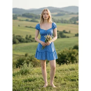 Hello Molly Blue White‎ Print Smocked Mini Dress Puff Sleeve Cottagecore Size S thumbnail 2